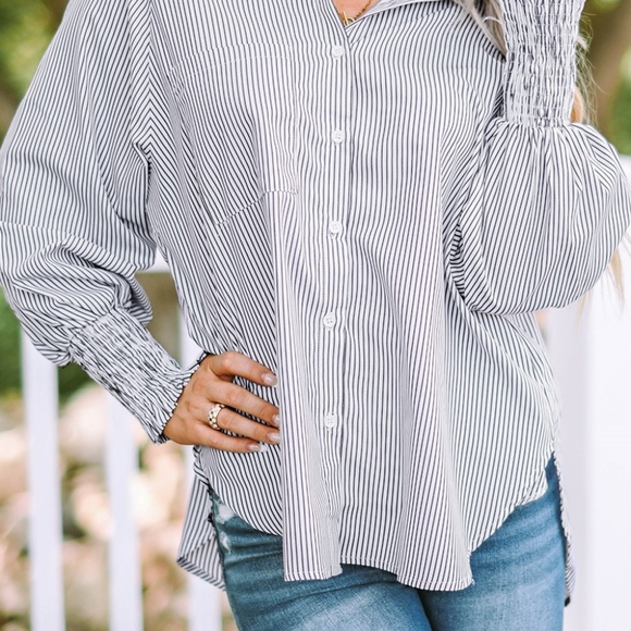 Smocked Cuffed Striped Boyfriend‎ Shirt with Pocket - Picture 14 of 14